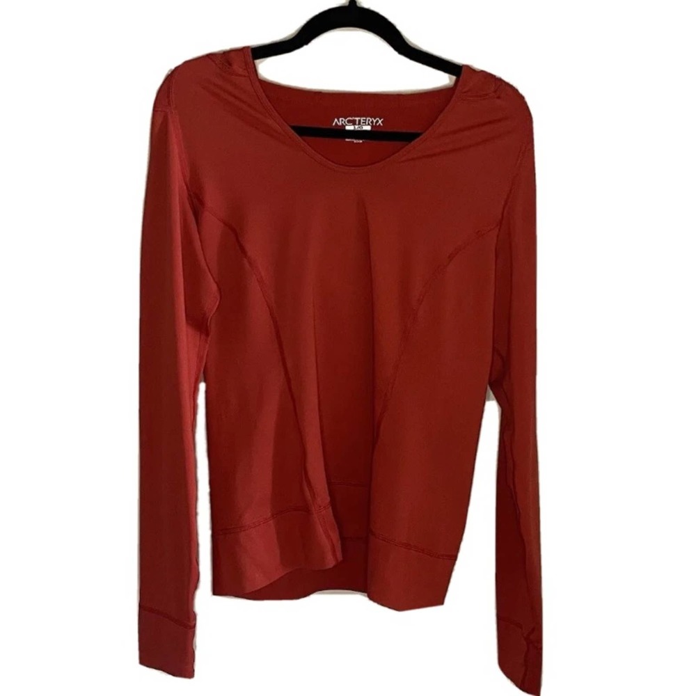 Arc’teryx Red Orange Spandex Hooded Long Sleeve Activewear Shirt Top Size Large